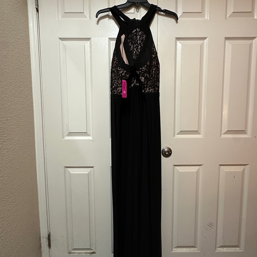 Morgan & Co. Black Lace Halter Gown